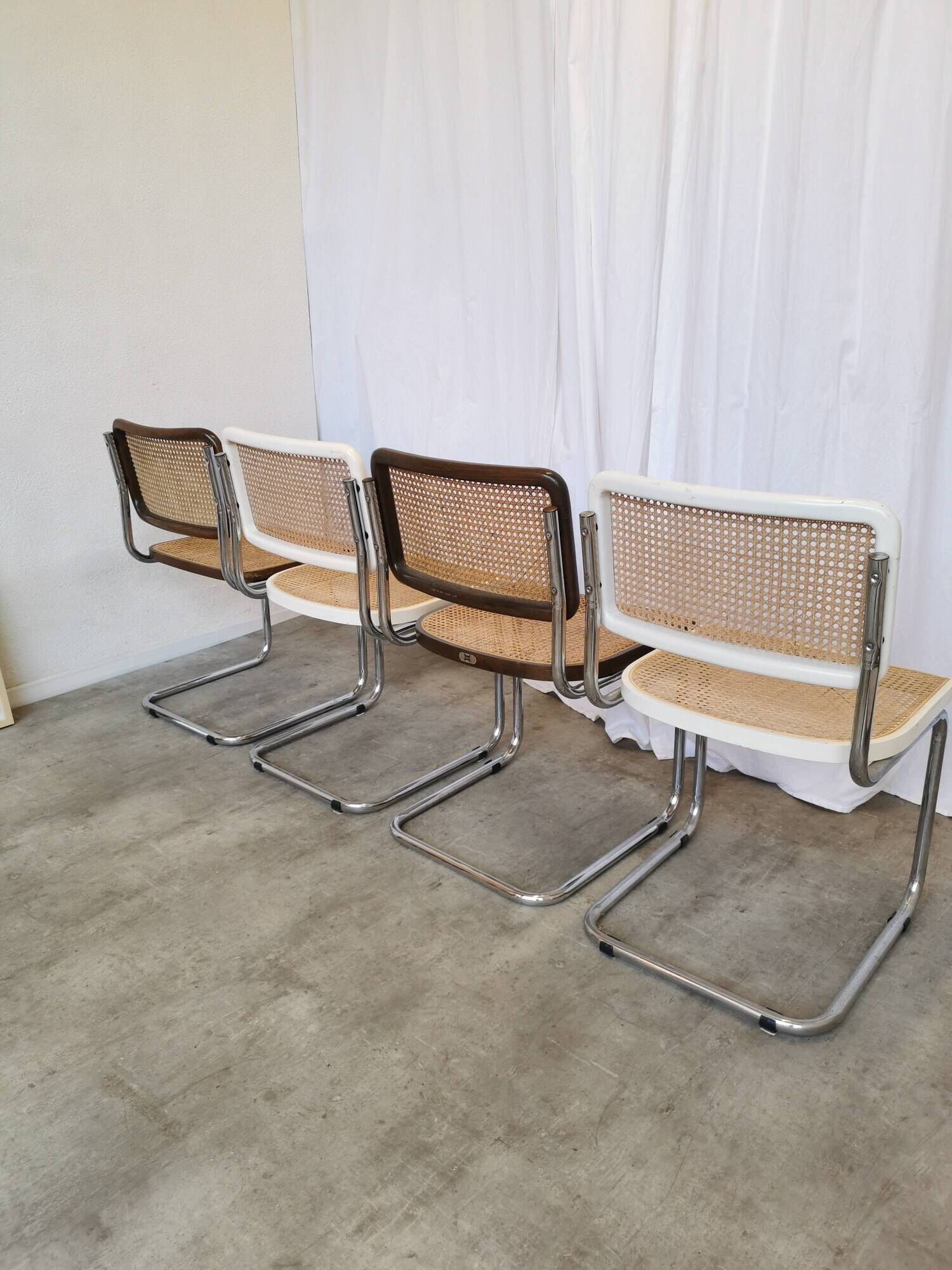 Set of 4 vintage cesca dining chairs / 2 brown 2 white / cane seat mid-century