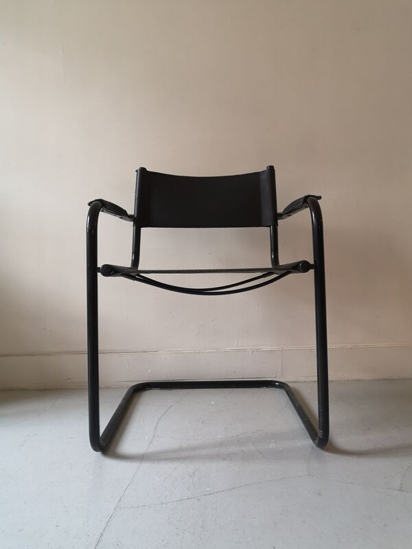 fauteuil Tubulaire Metal Noir Mat & cuir, Italie 1970