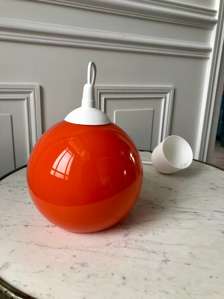 Hanging lamp ball in opaline orange 70s