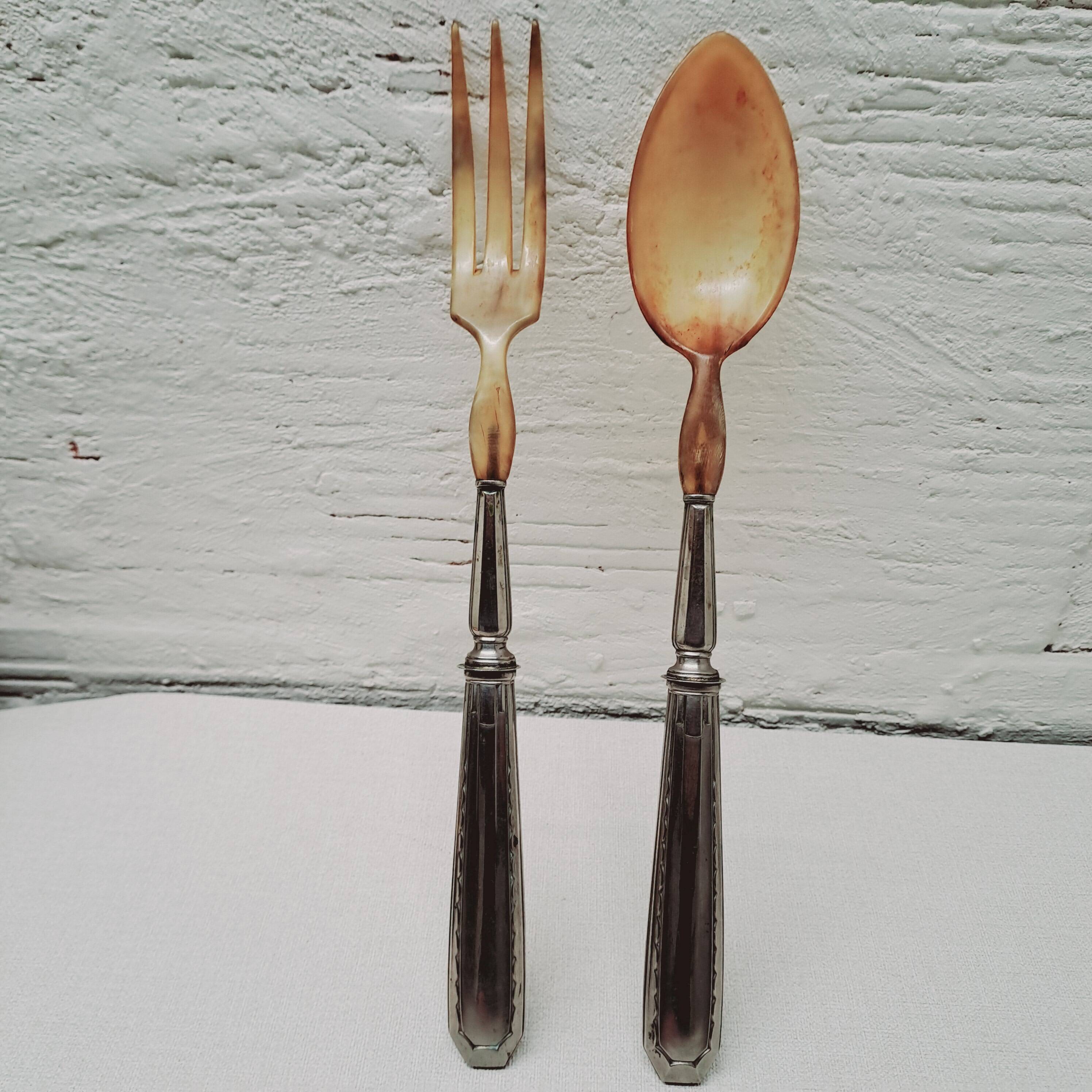 Horn and silver-plated salad servers