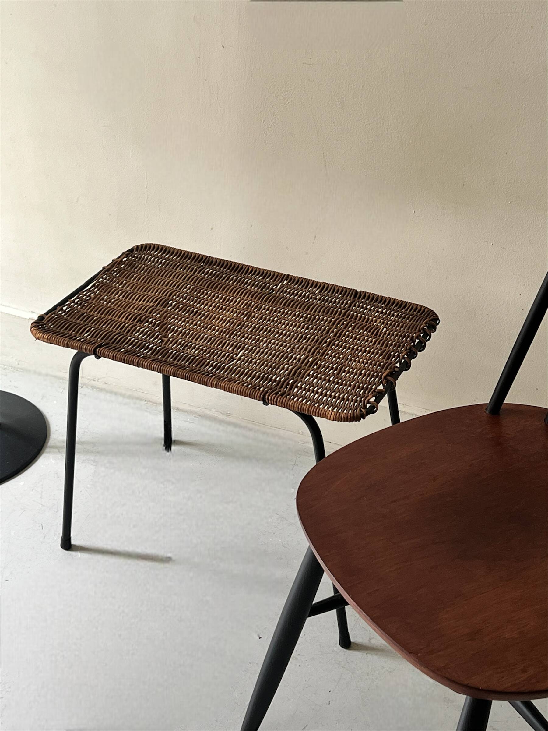 vintage black metal and wicker coffee table, 1950s