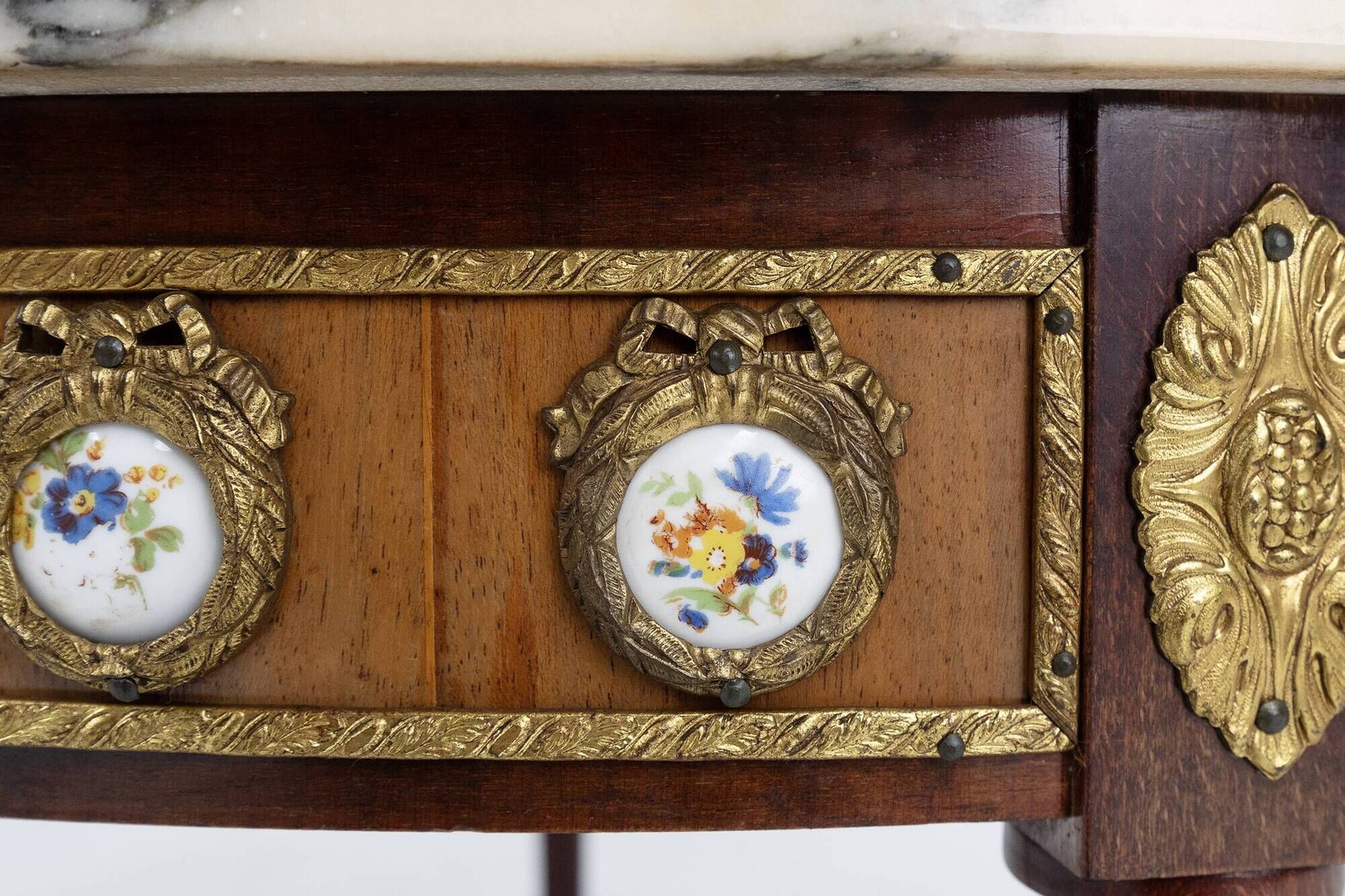 French coffee table with pink marble top and Limoges plaques, ca. 1950