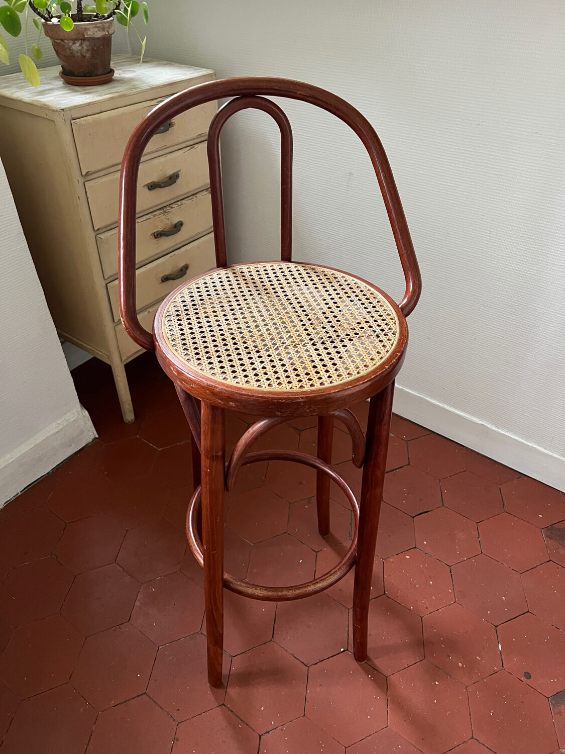Wooden and wicker bar stool
