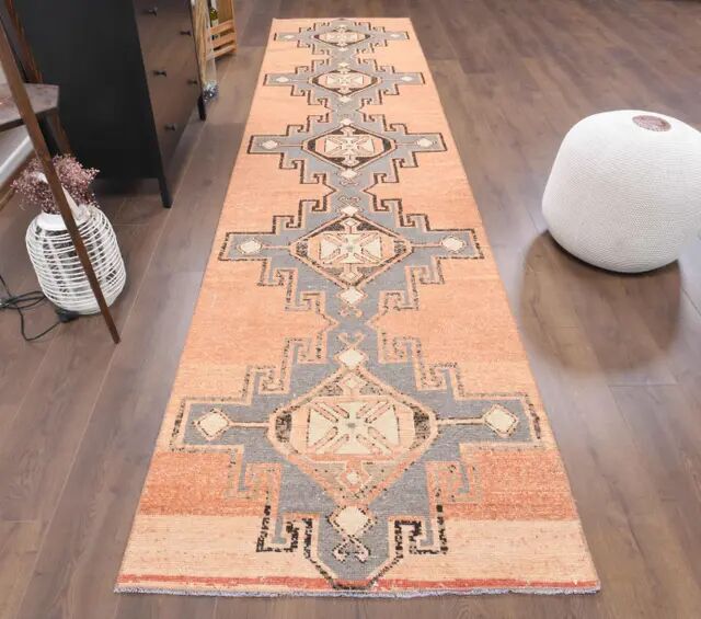 Vintage Turkish Hand-Knotted Wool Cotton Orange Runner Rug 95x408