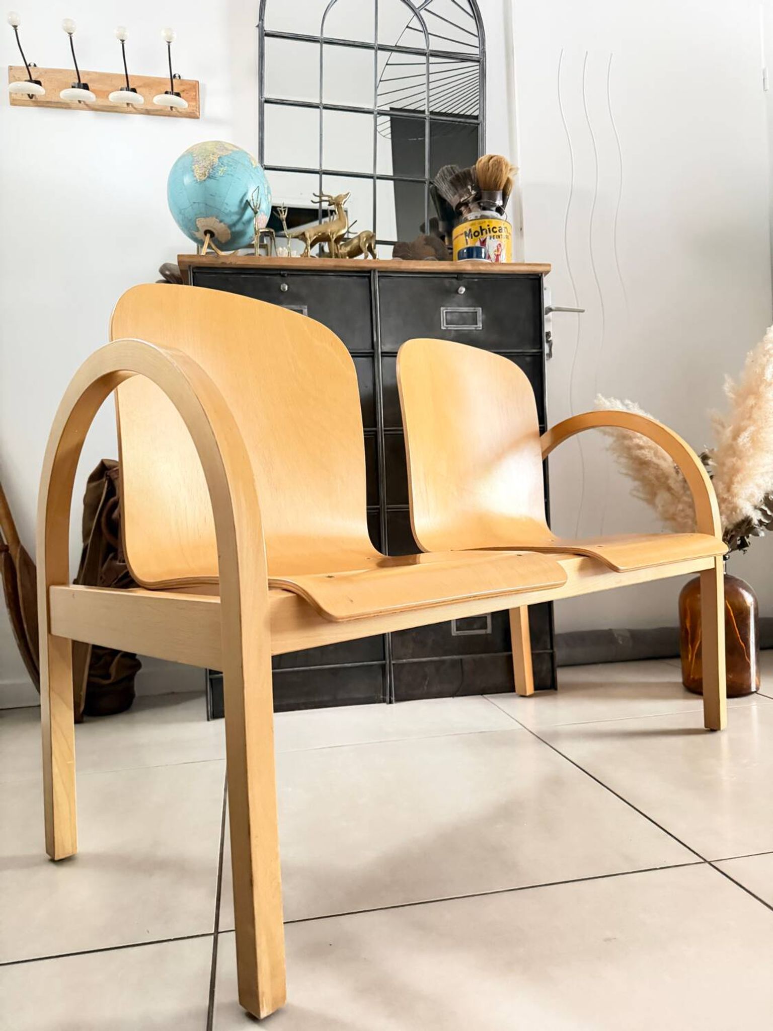 Vintage blonde wood two-seater bench by Baumann