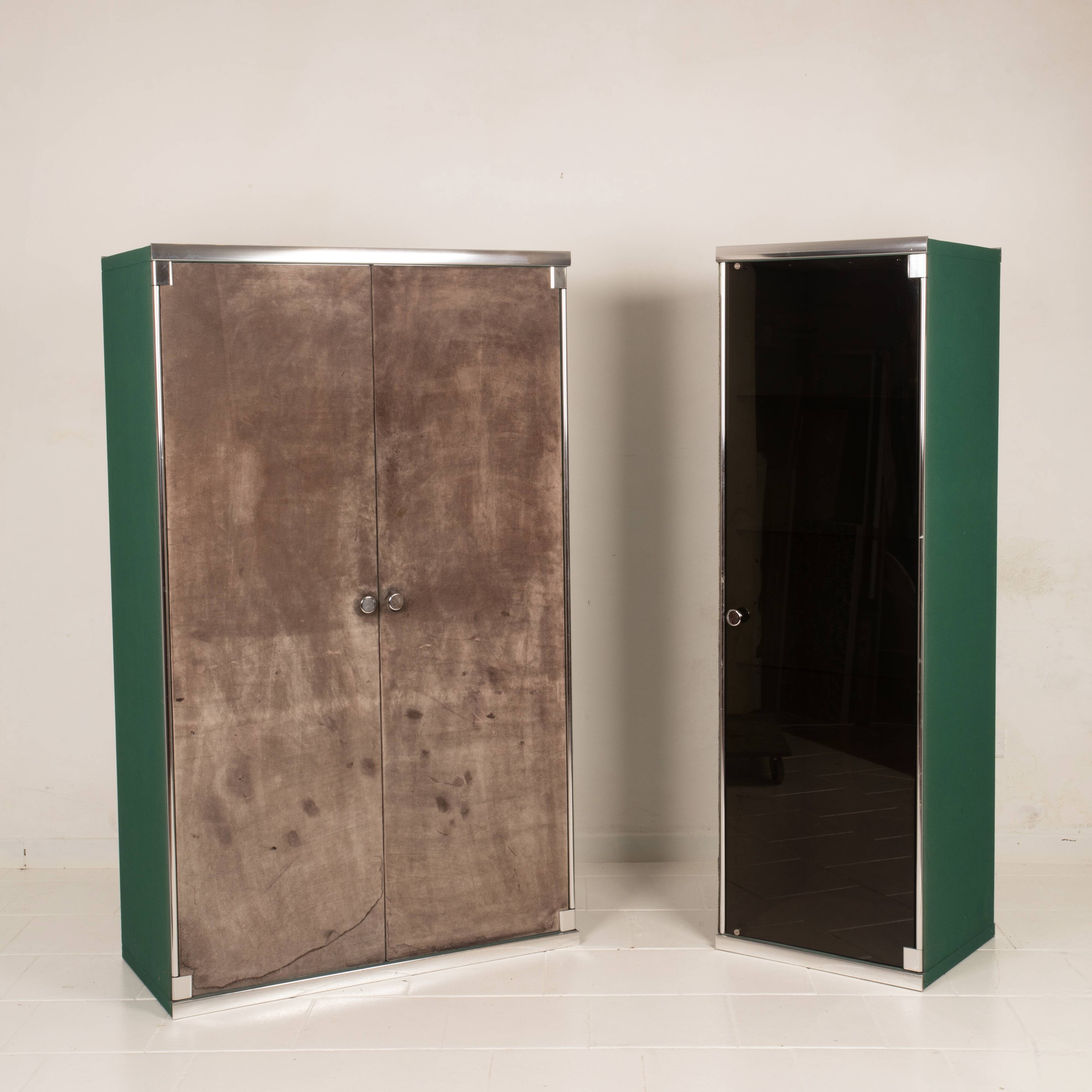 Guido Falsechini Hermès Smoked Glass and Suede Cabinets for i4 Mariani 1970