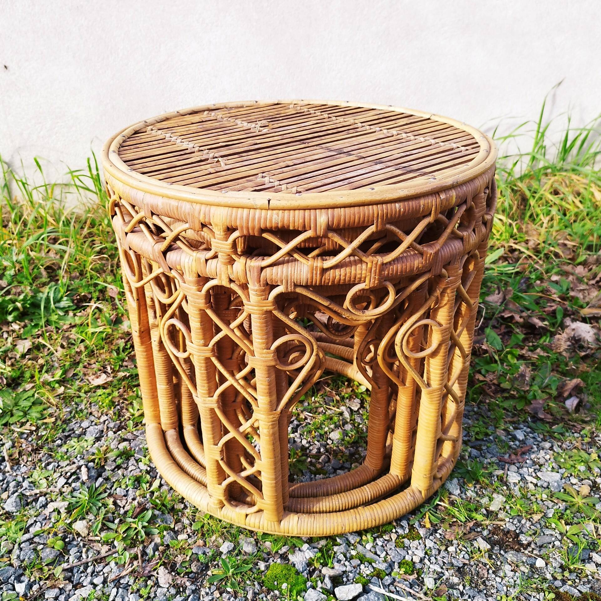 Vintage peacock rattan wicker nesting side tables