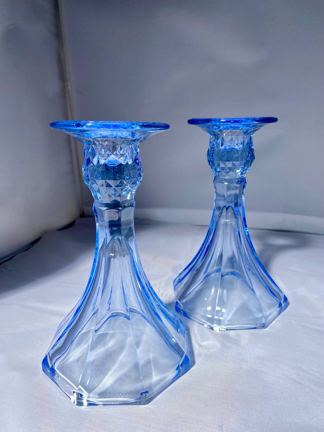Pair of Jamestown blue Virginia candlesticks or vases by Fostori