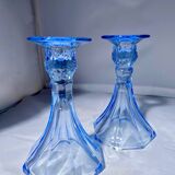 Pair of Jamestown blue Virginia candlesticks or vases by Fostori