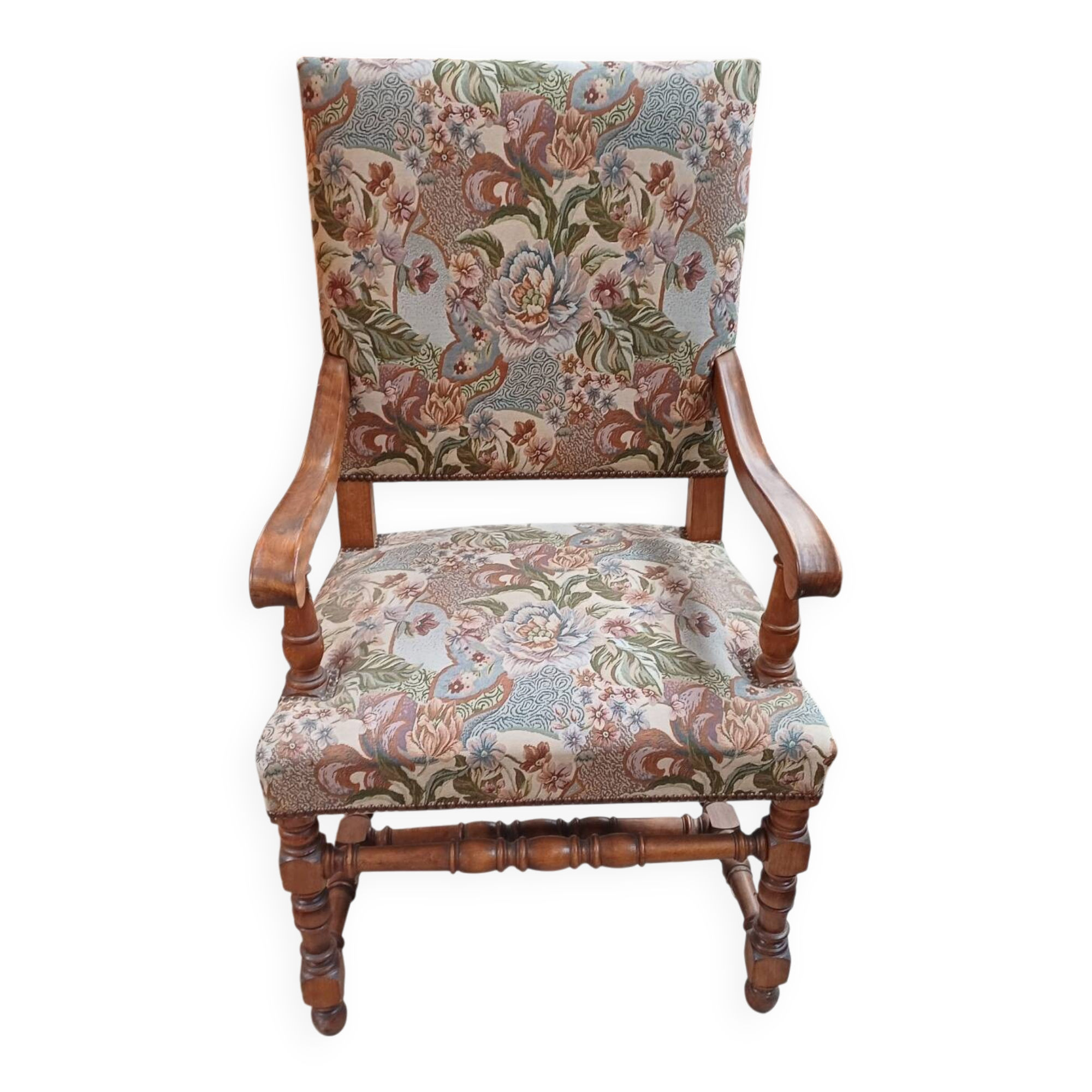 Louis XIII armchair, solid wood - Fabric upholstery