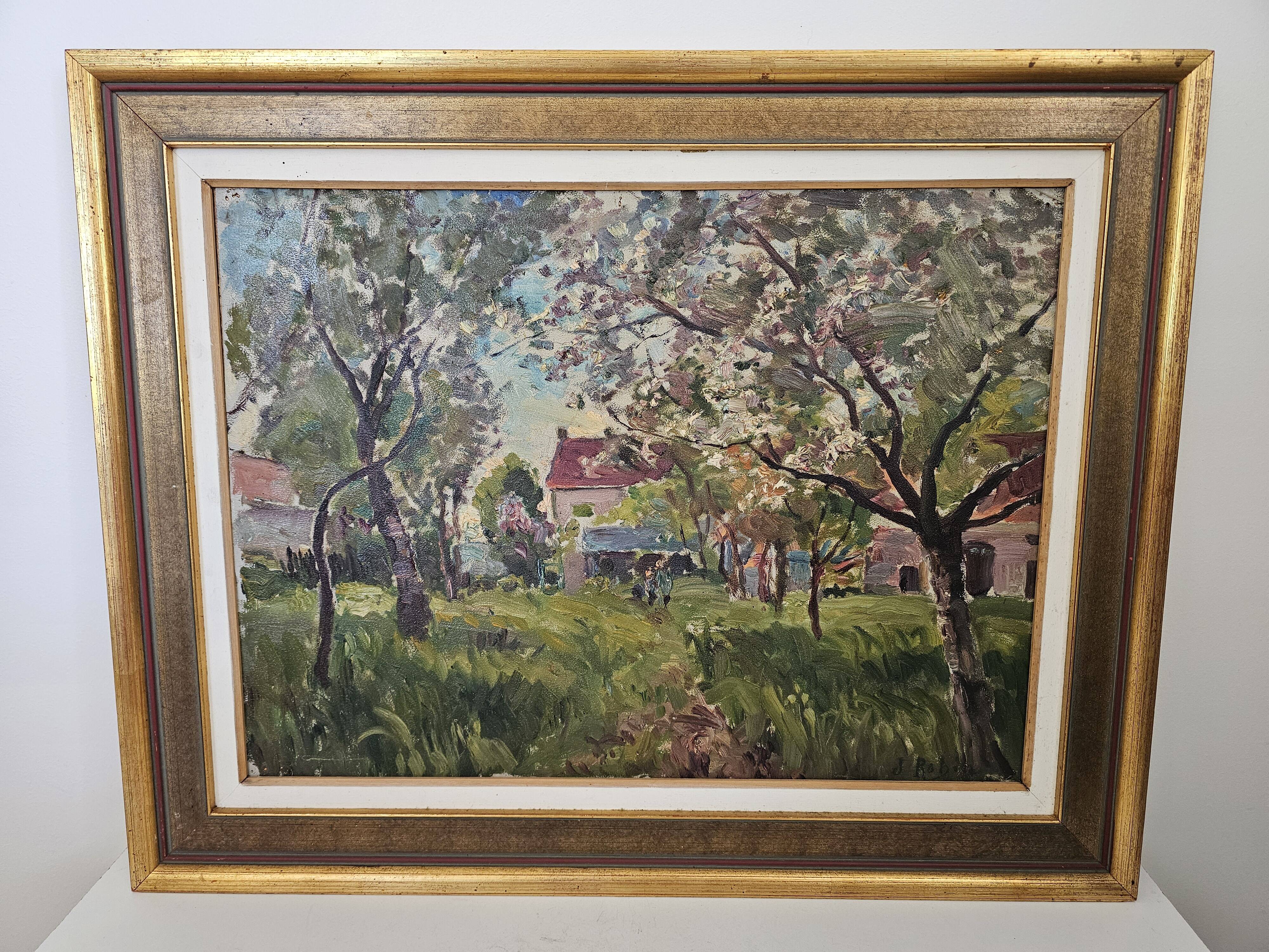 Tableau Huile sur Papier - Cours de ferme Pommiers en fleurs Signé J. Robin