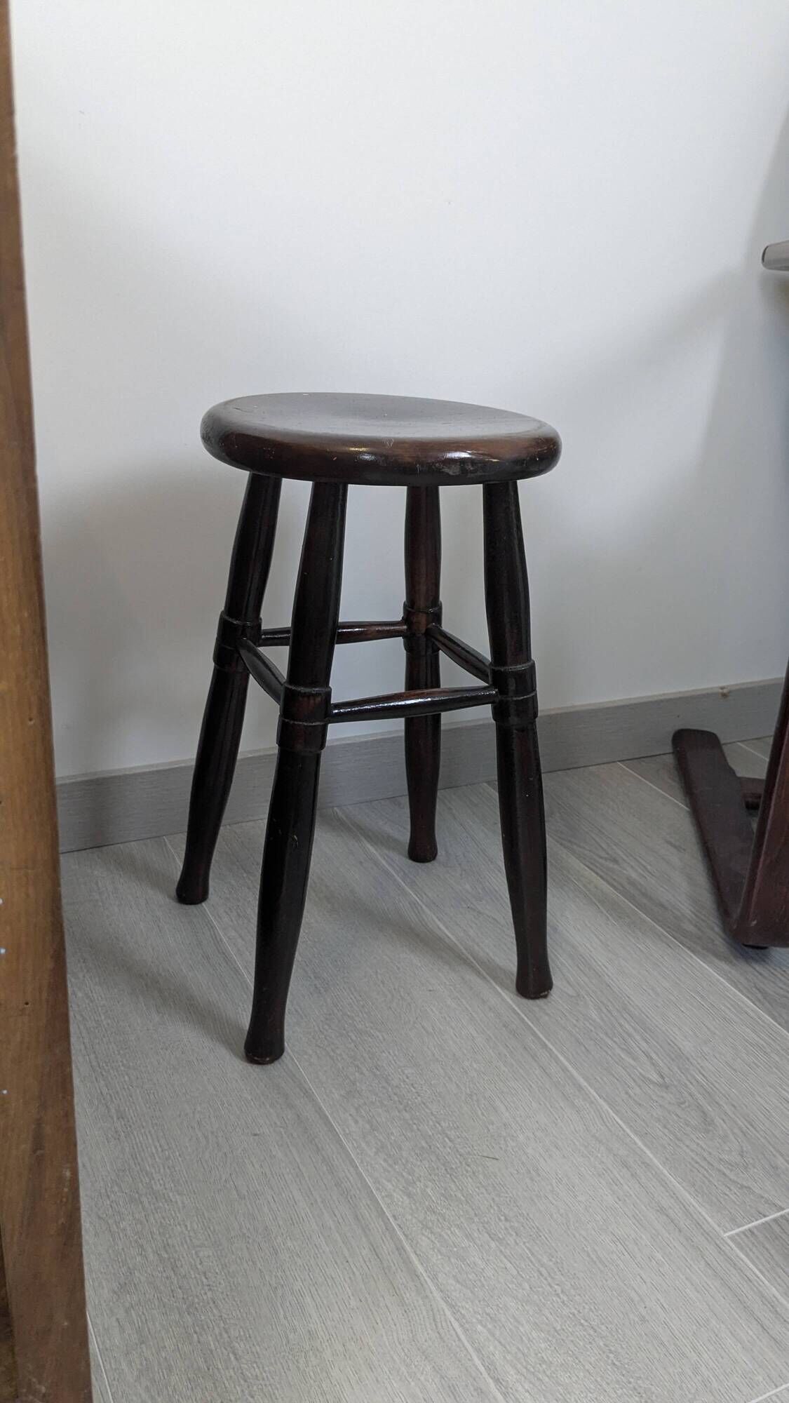 Old turned wooden bistro stool – dark brown patina