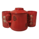 Tisanière théière duo rouge céramique motif noir asiatique avec 2 tasses