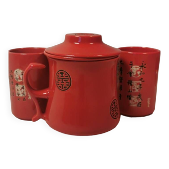 Tisanière théière duo rouge céramique motif noir asiatique avec 2 tasses