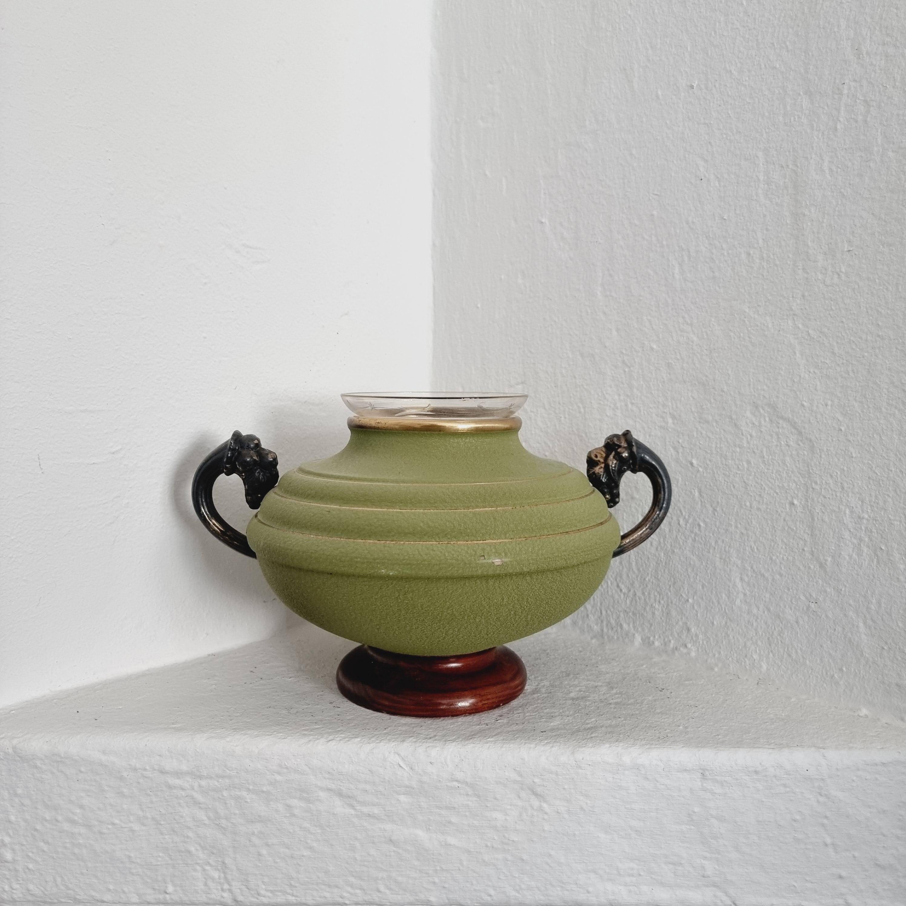 Metal, wood, and engraved glass vase. Swedish grace, 1930s.