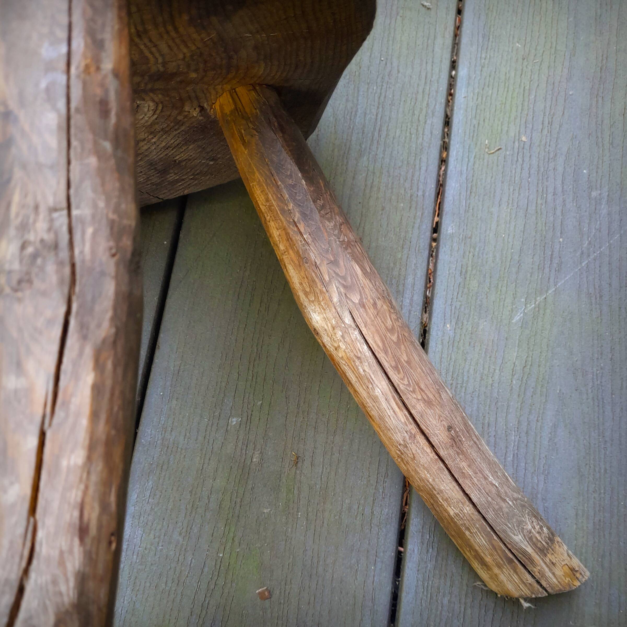 Pair of brutalist tripod stools in grayed pine. France, 1950s