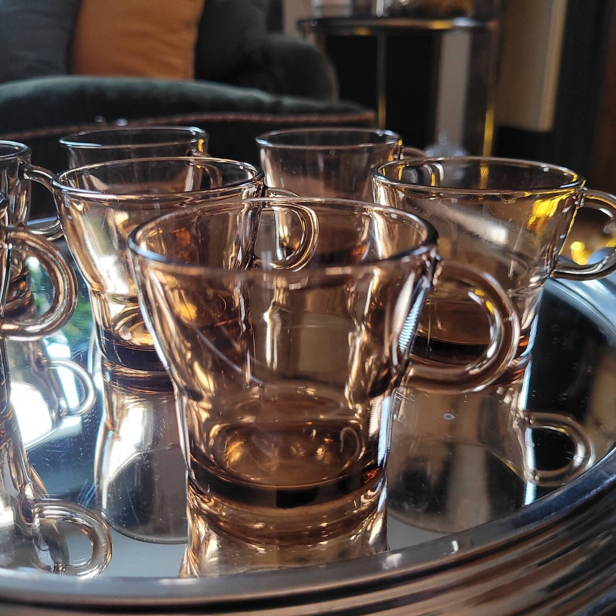 Set of 7 vintage smoked glass coffee cups - 1970s-80s