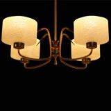 Mid-Century Atomic Brass and Glass Chandelier- four-armed ceiling Lamp- 50s