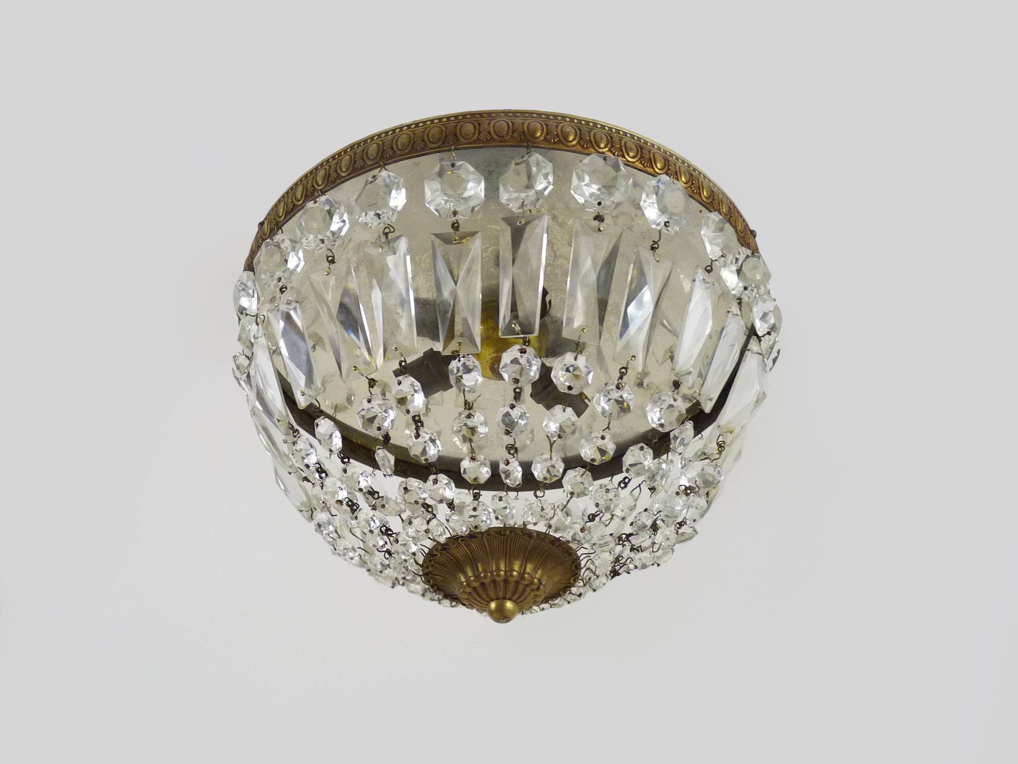 Old crown ceiling light with 3 lights, half basket with glass pendants. Louis XVI style. The 50's