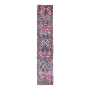 1970s Turkish Handmade Wool Diamond Pink Purpler Runner Rug 77x392