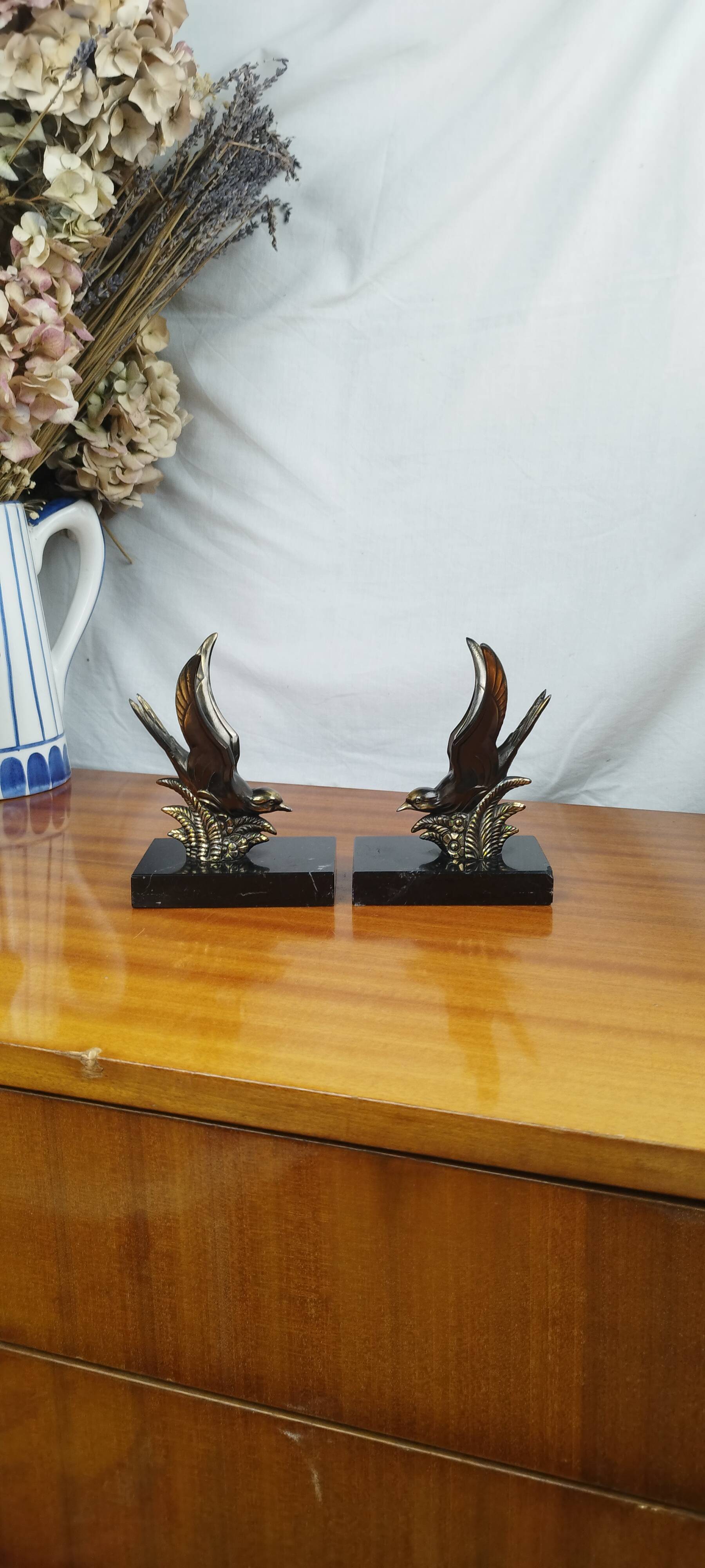 Pair of Art Deco Bookends of Swallows in Flight, Marble & Spelter