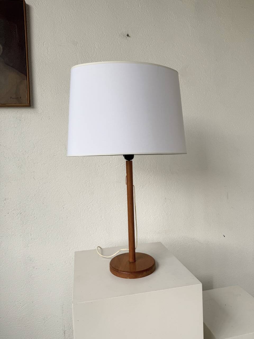 70s oak wood table lamp