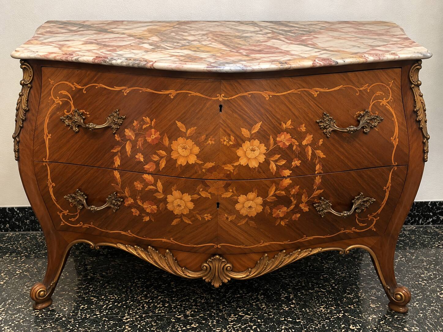 Walnut chest of drawers with marquetry and marble, 1958