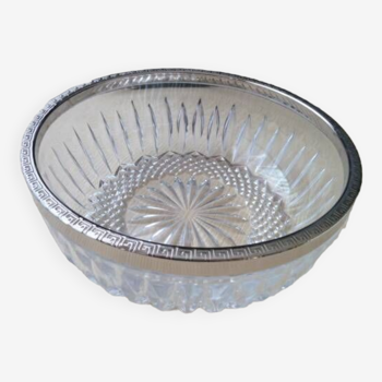 Molded pressed glass salad bowl with silver metal border