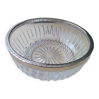 Molded pressed glass salad bowl with silver metal border