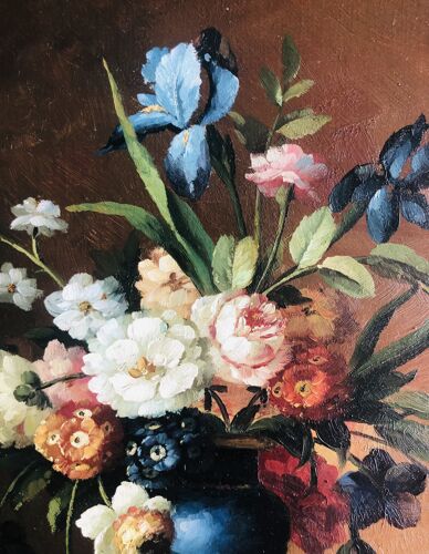 Oil on canvas still life with flowers and grapes
