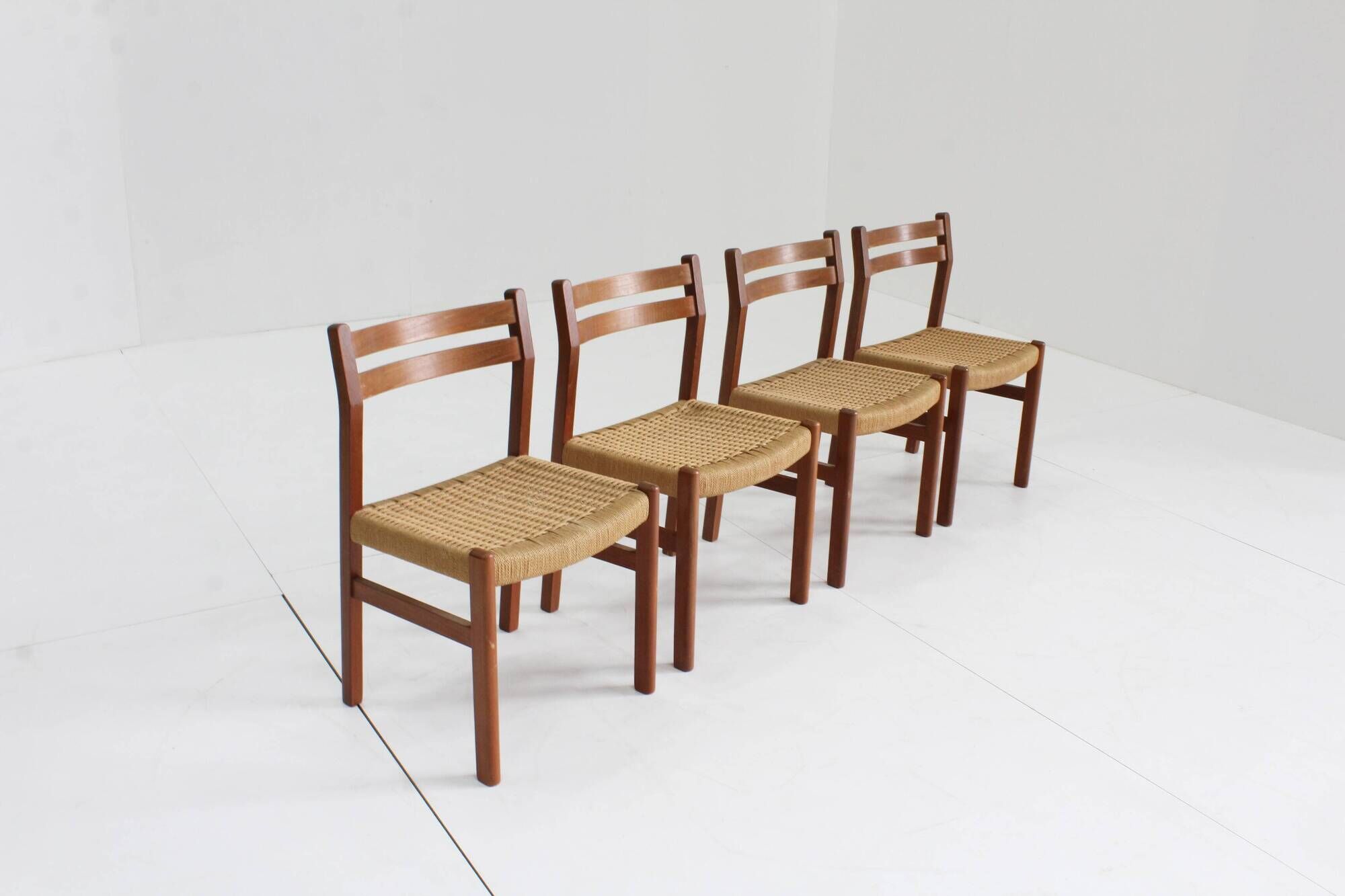 Mid Century Danish teak and paper cord dining chairs 1960s , set of 4