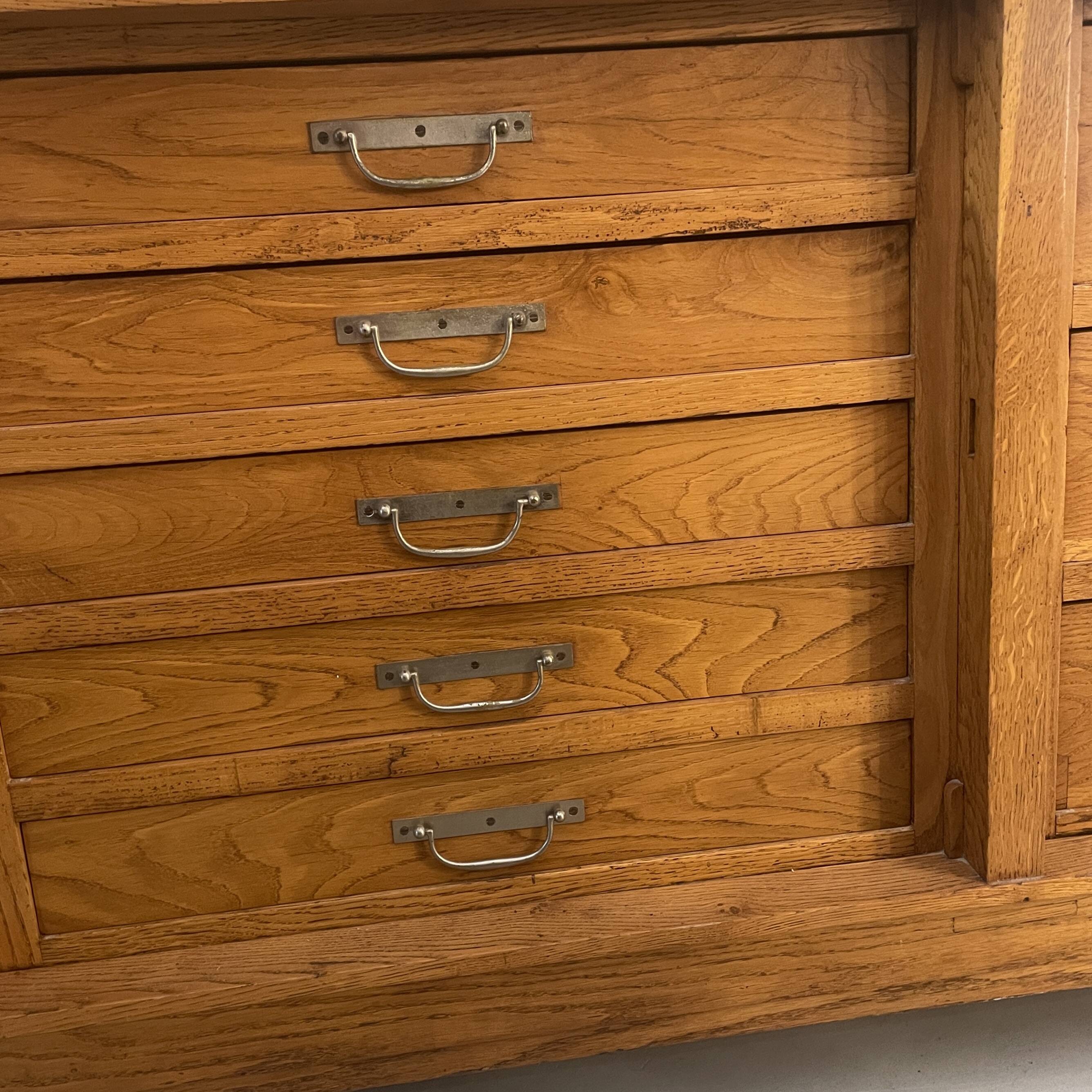 Large antique oak shop display cabinet