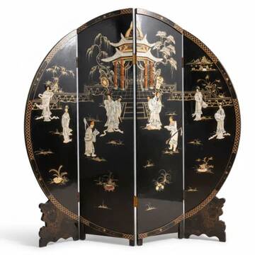Chinese export black lacquer and mother-of-pearl folding screen, mid-20th century