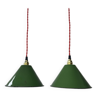 Pair of old enamelled conical industrial pendants