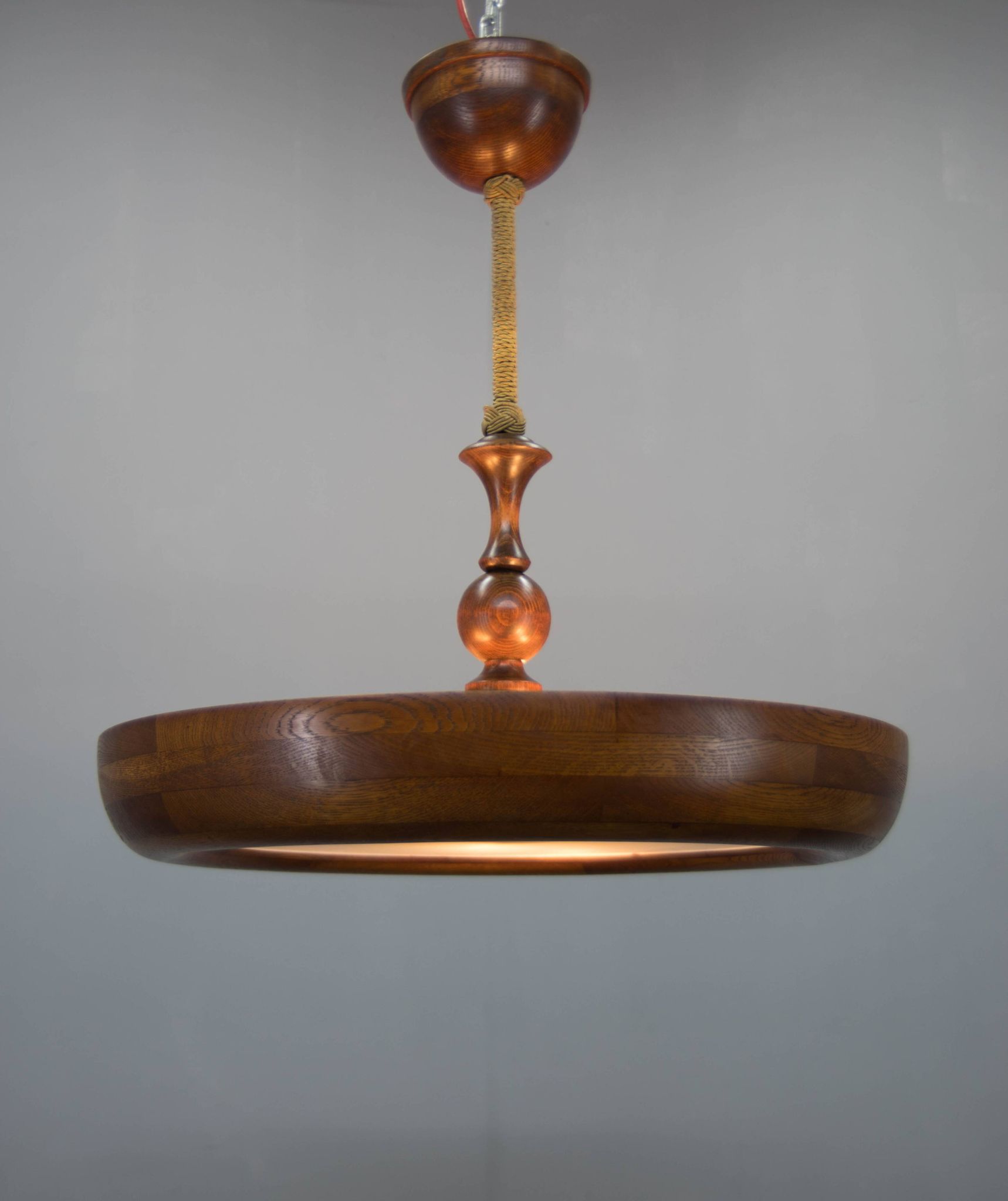 Large wooden art deco ufo chandelier, 1930s
