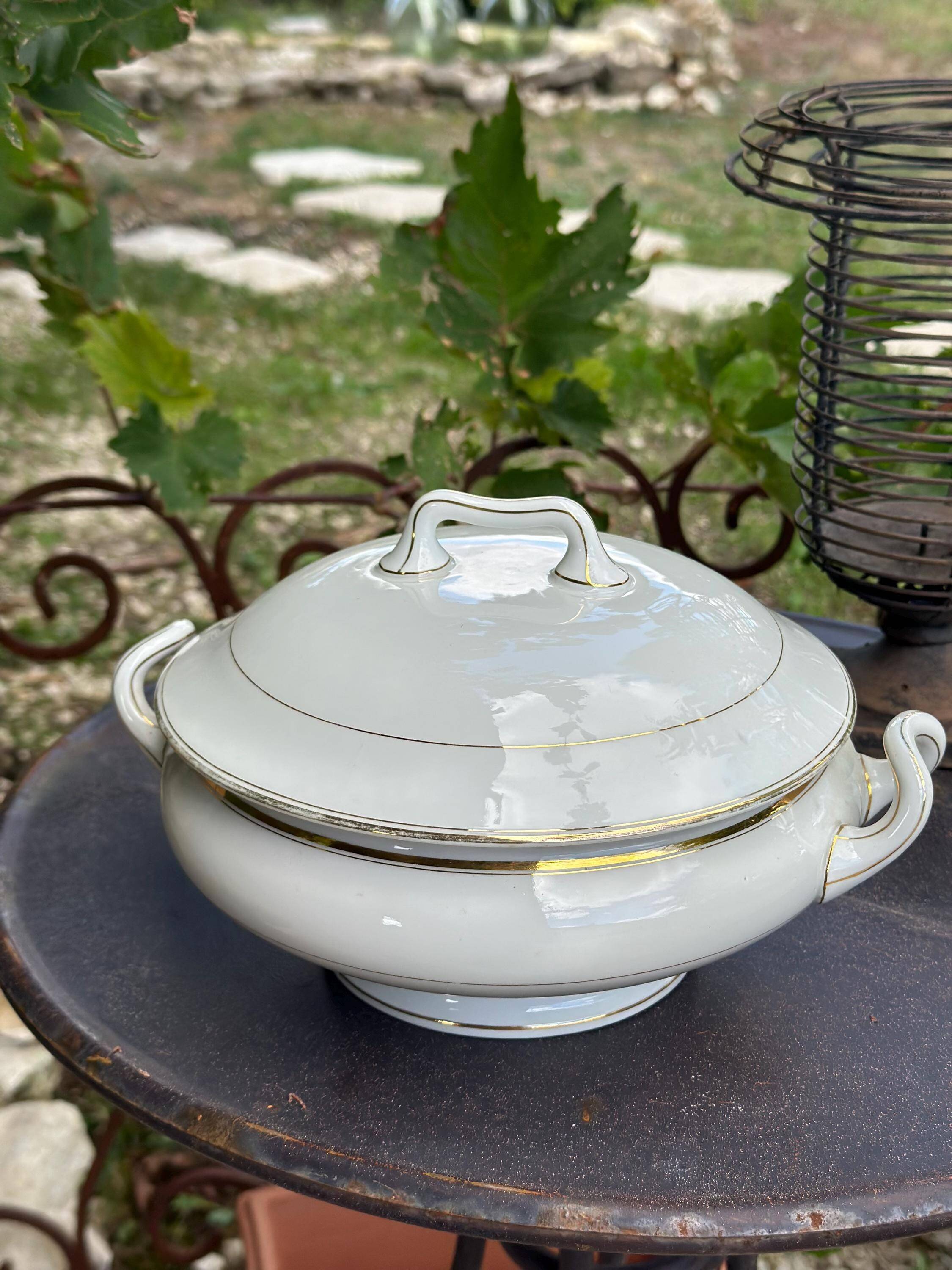 Antique white porcelain soup tureen with gilding B.H.V. Paris