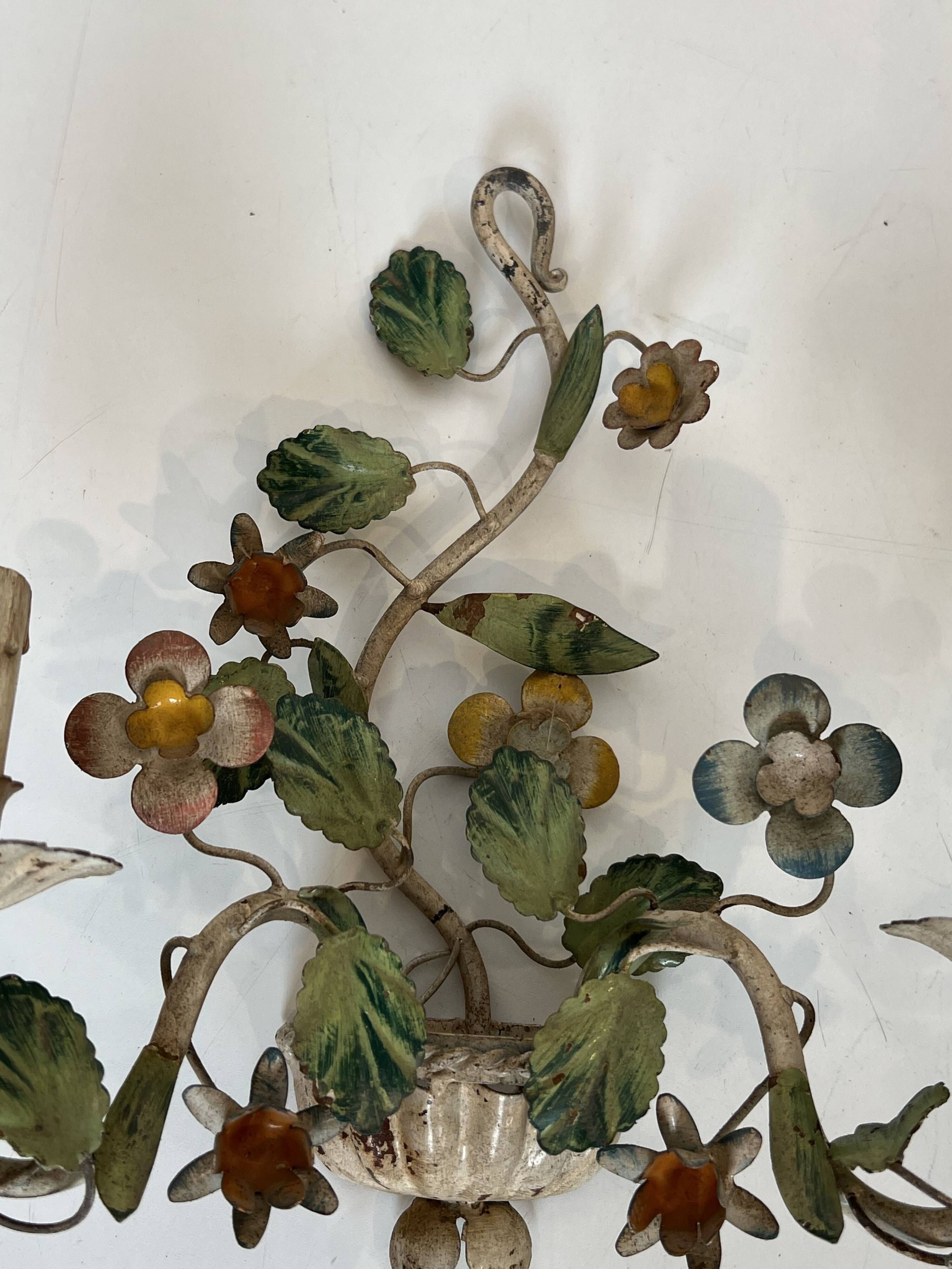 Pair of Wall Lights with Floral Basket in Painted Sheet Metal. Italian Work. Circa 19.