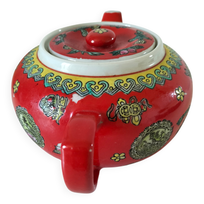 Théière chinoise vintage rouge à décor de dragons et symboles