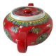 Vintage red Chinese teapot decorated with dragons and symbols.
