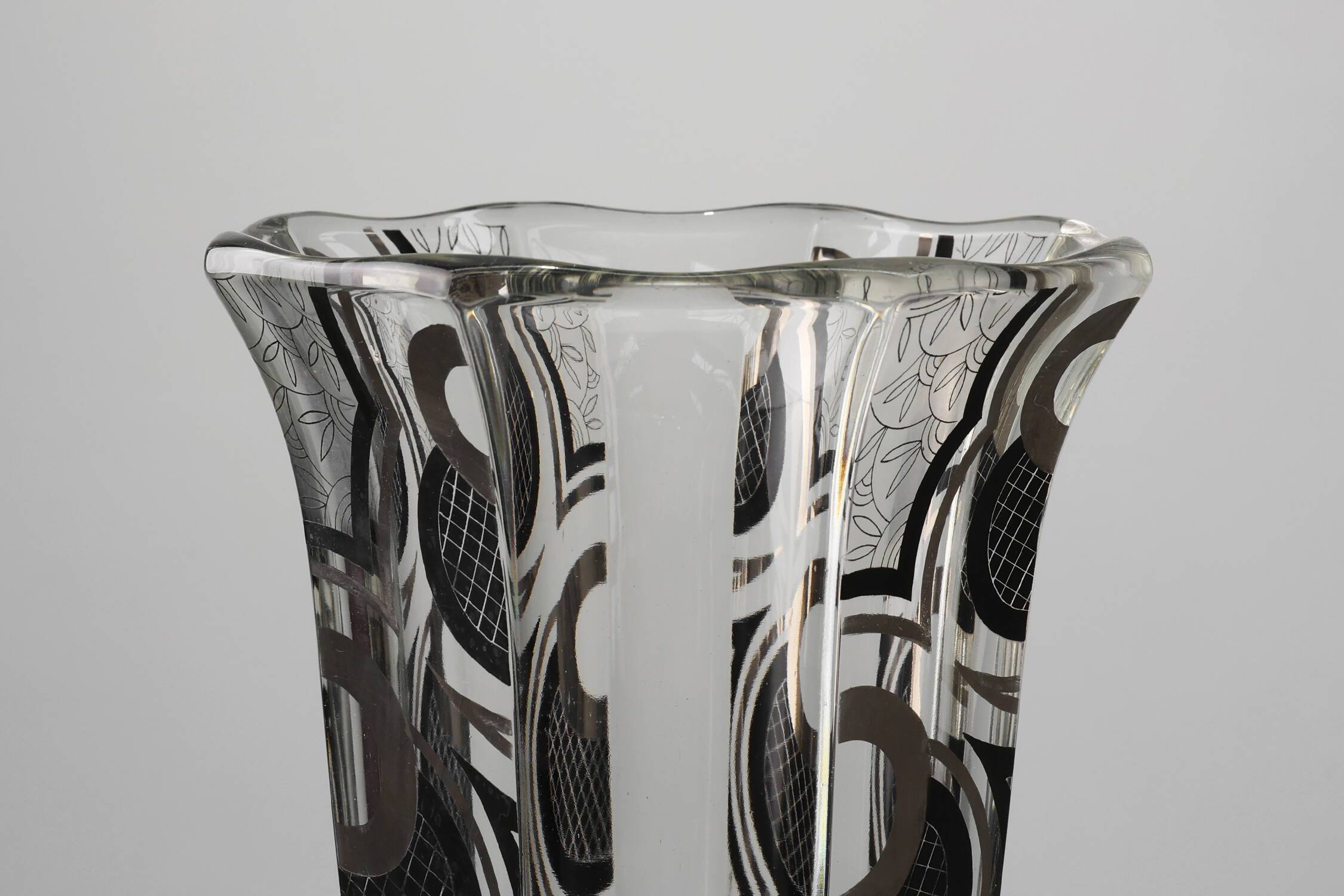 Art Deco Glass Vase with Black Graphic Decoration, France, circa 1940