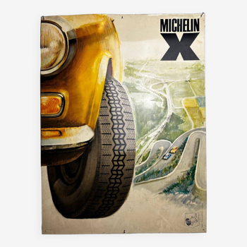 Plaque métal XXL - Michelin X - Fiat 124 - 1970 - Voiture