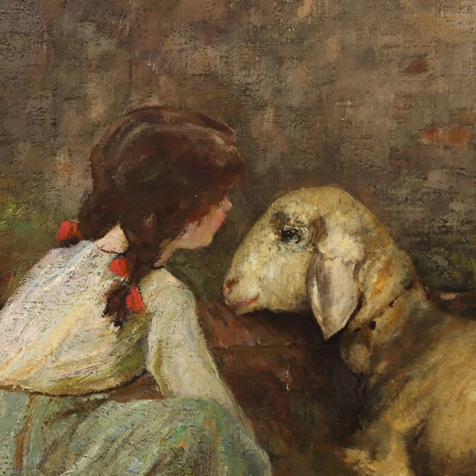 Peinture moderne signée Cesare Laurenti « The Little Girl and the Sheep »