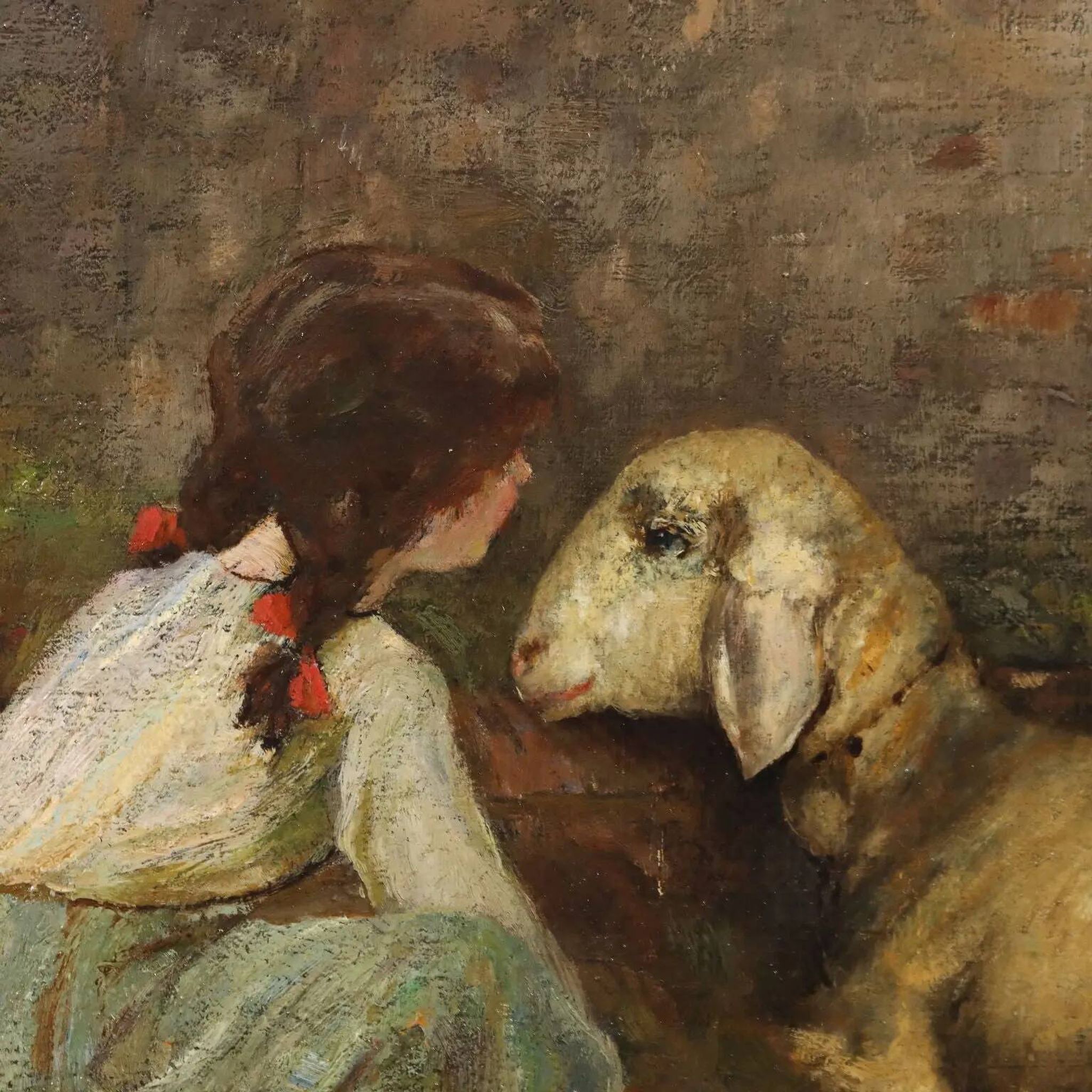 Modern painting signed Cesare Laurenti "The Little Girl and the Sheep"