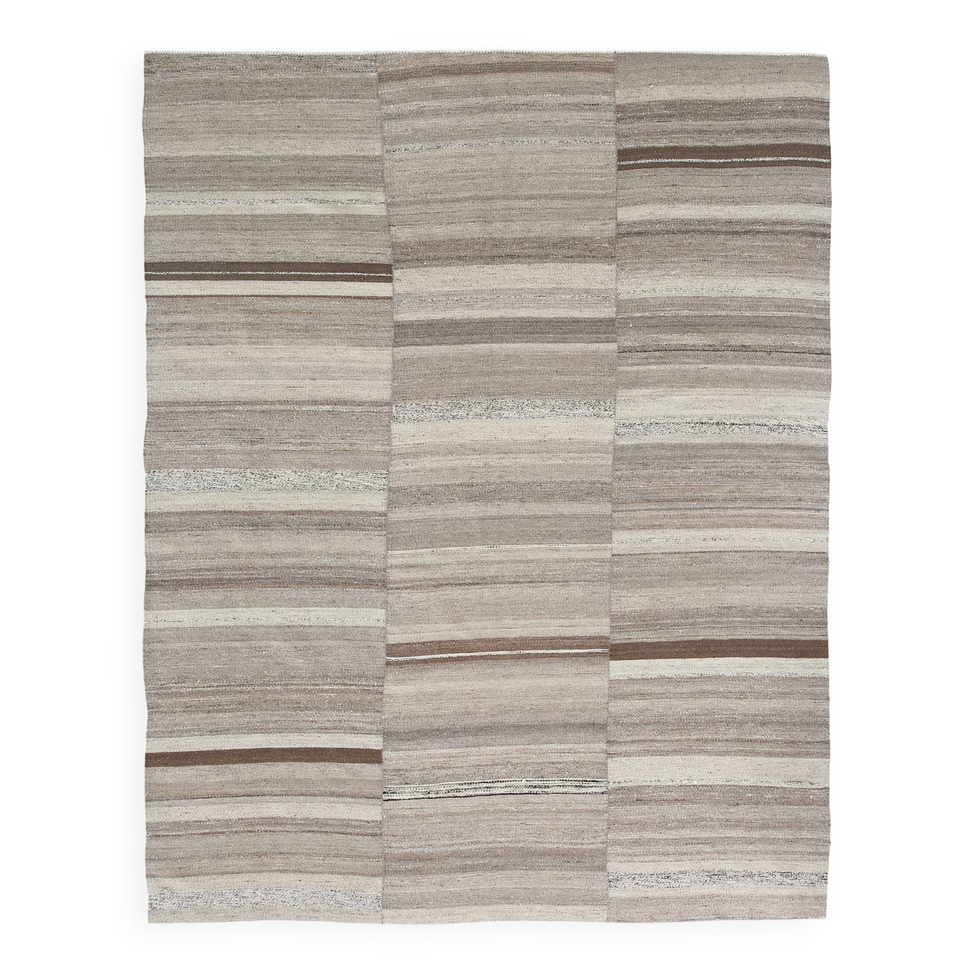 Naturel Wool Beige and Stone Grey Turkish Wool Kilim Rug, 233x293 Cm