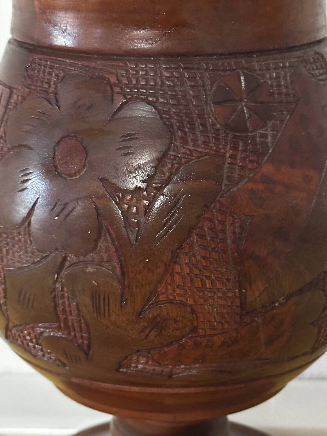 Vintage Turned and Carved Wooden Vase - Vine Decor H 28 cm