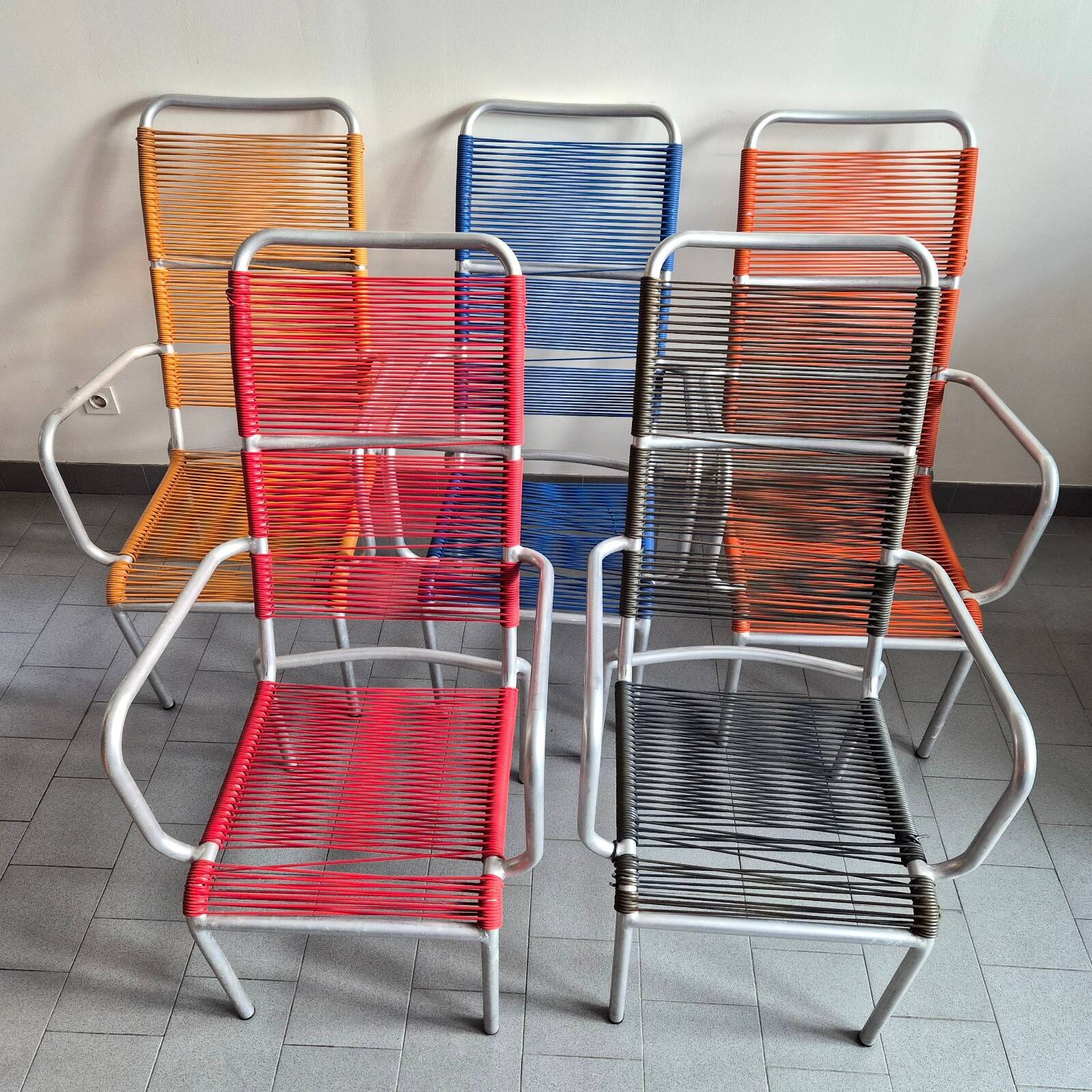 Set of 5 vintage scoubidou armchairs 1950 in aluminium & plastic wire 50