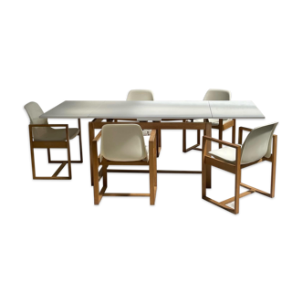 Ensemble de salle à manger rare avec table extensible, 5 chaises et deux tables d’appoint
