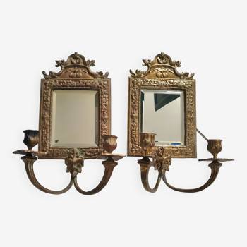 Pair of old sconces with mirror and candlestick, gilded bronze, electrified Napoleon era