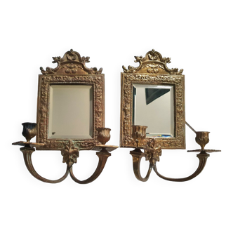 Pair of old sconces with mirror and candlestick, gilded bronze, electrified Napoleon era