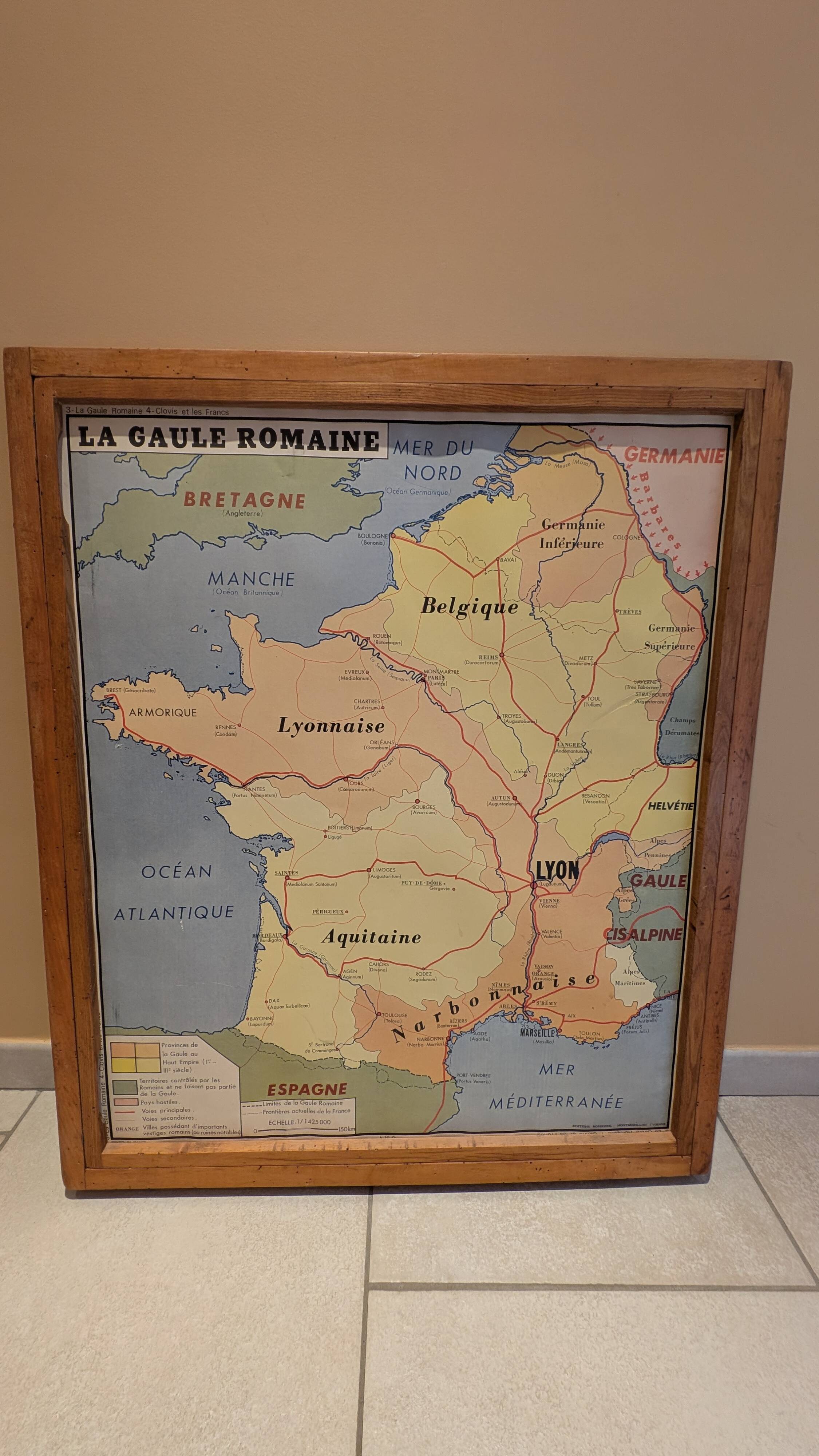 Set of 4 Vintage School Maps ROSSIGNOL Montmorillon + Wooden Frame
